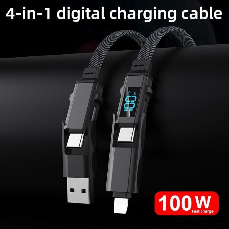 4 in 1 USB-C Cable, 100W Fast Charging Sync Data Cable, Digital Display Function Compatible with Most Electronic Devices