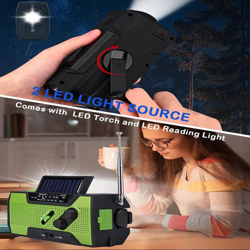 Solar Powered Radio, Multifunctional Emergency Weather Radio with Power Bank Function, AM FM NOAA Radio with LED Flashlights & Reading Lamp & SOS Alarm