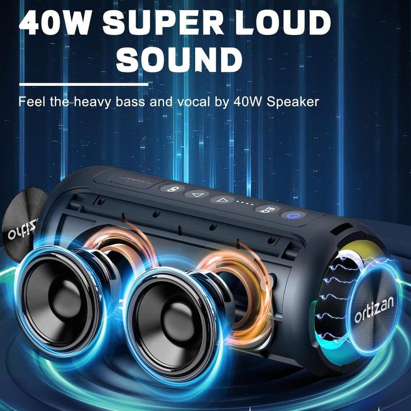 40W Loud Stereo Portable Speaker, Summer Multipurpose IPX7 Waterproof Shower Speakers With Deep Bass LED Light, True Wireless Stereo Speaker For Indoor & Outdoor, Smartphone Audio Device