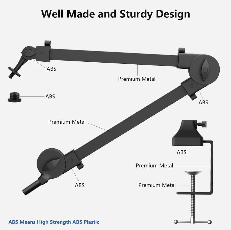 Squarock Mic Arm Mic Stand Adjustable Boom Arm Cable Management Rotatable Mic Microphone for Radio Studio, Podcast, Gaming