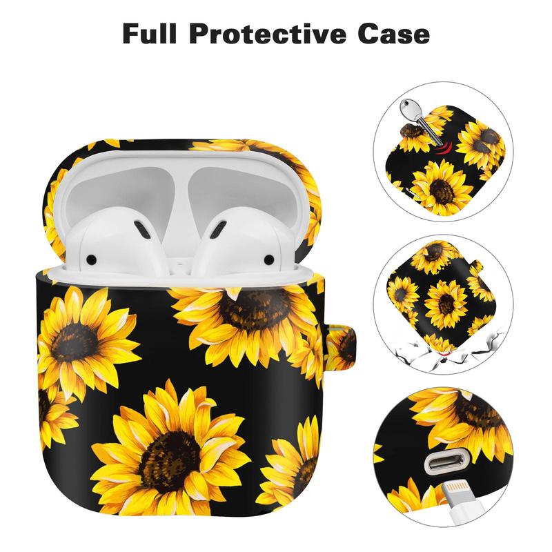 Sunflower Pattern Earphone Case with Keychain, 1 Count Cute Flower Silicone Earphone Protective Case, Earphone Case for AirPods 2 & 1