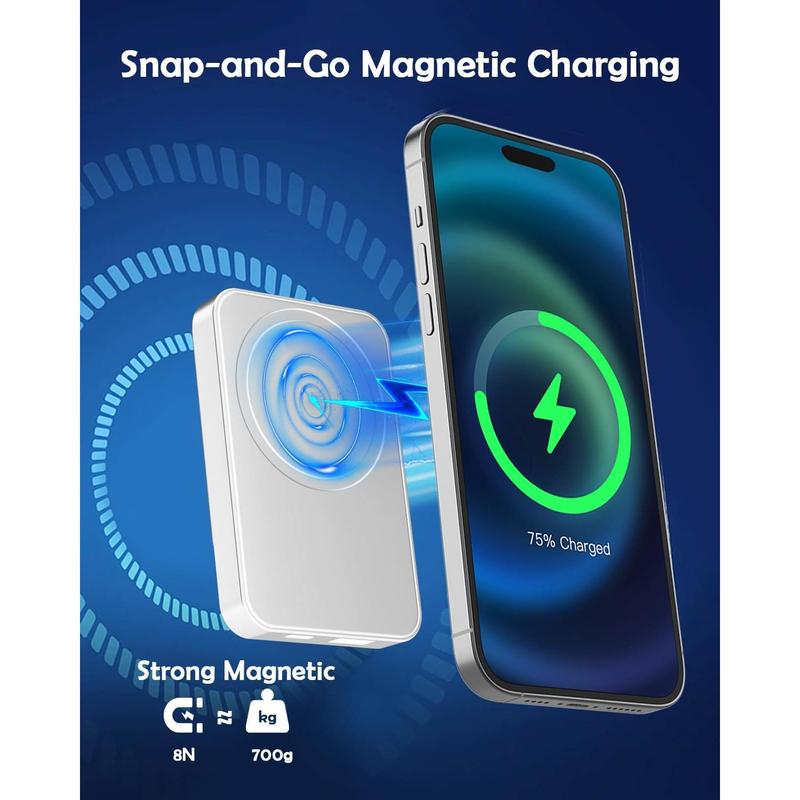 Magnetic Wireless Power Bank, 10000mAh Portable Charger with 15W Fast Wireless Charging 22.5W USB PD QC3.0 Type-C LED Display Battery Pack Compatible for iPhone 14 15 13 12 Series (White) Adapter Cable Devices Digital Cellphone Smartphone Electronic