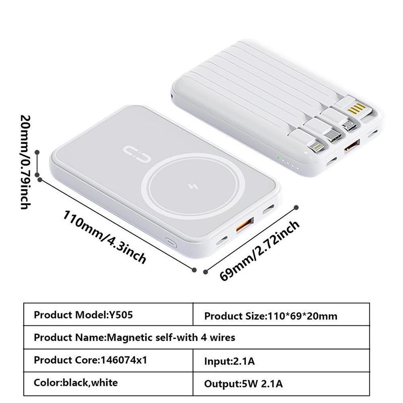 For MagSafe Portable Charger, 10000mAh Wireless Magnetic Mobile Power with 4 Built-in Cables, Ultra Slim Cell Phone Battery Pack for iiPhone 15 14 13 12 Pro Mini Pro Max