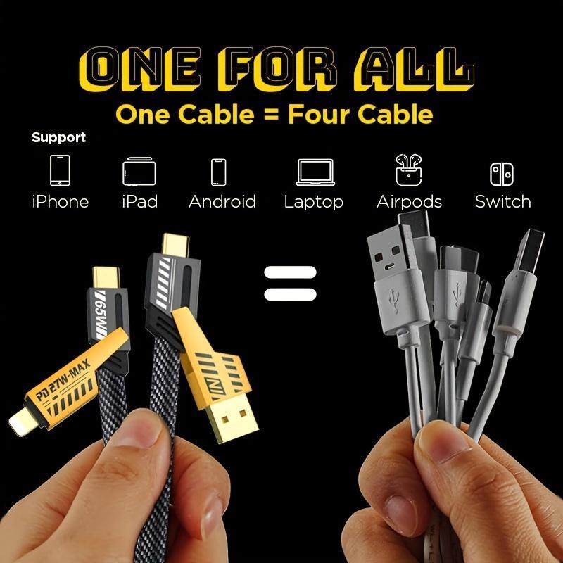 QQK Multi Charging Cable, 4 in 1 Universal Fast Charging Cable with USB A USB C to Type C 65W 27W PD, Nylon Braided Multiple Connectors Cable Compatible with iPhone iPad Android Laptop