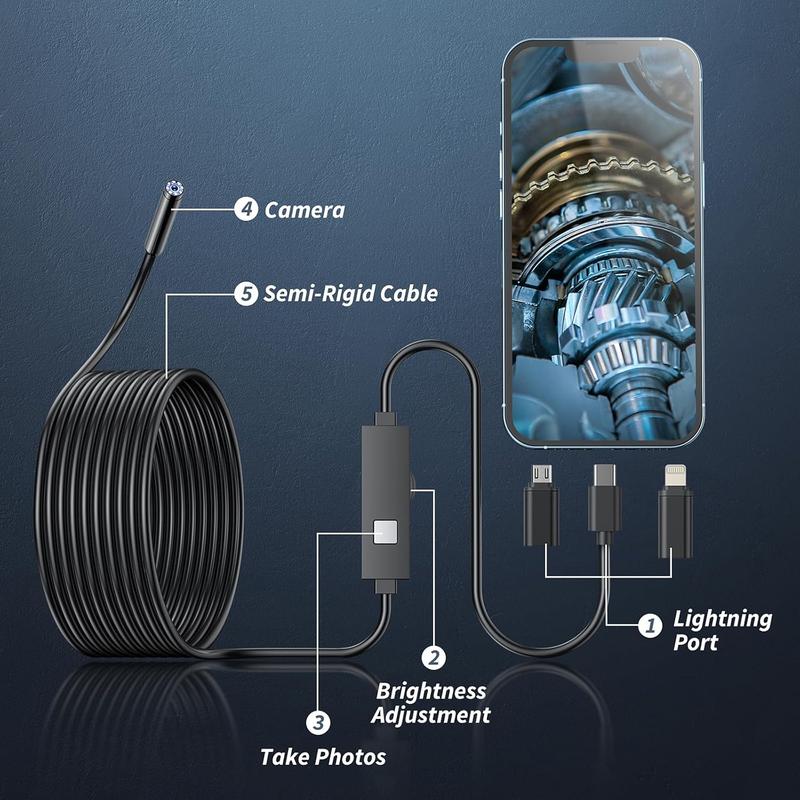 KAIWEETS Endoscope Borescope Camera with 8 Adjustable LED Lights, Car Inspection Camera, Multifunctional Inspection Tool for Car Repair, Home Appliance Inspection, Pipeline Maintenance for Android IOS Type-C, IP67 waterproof for for iPhone, iPad