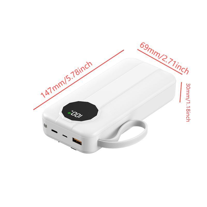 20000mAh Power Bank, 1 Count Portable USB Charger with Built-in Cable, Mobile Power Bank with LED Light for Outdoor