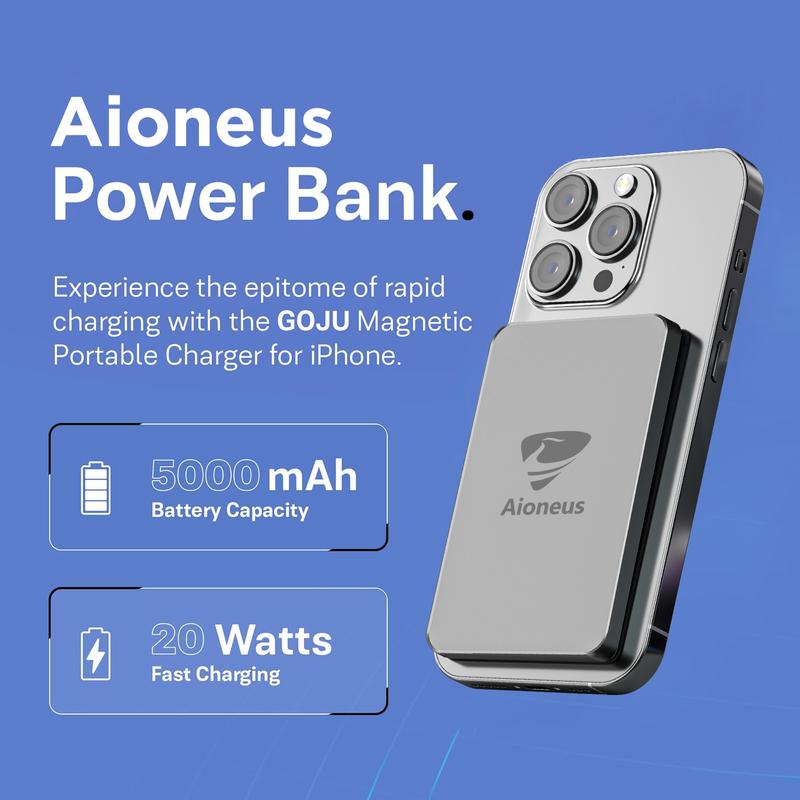 Aioneus Power Bank, Magnetic Portable Wireless Fast Charger, 5000mAh wirless charger, Magsafe Compatibility, 15W Wireless Charge