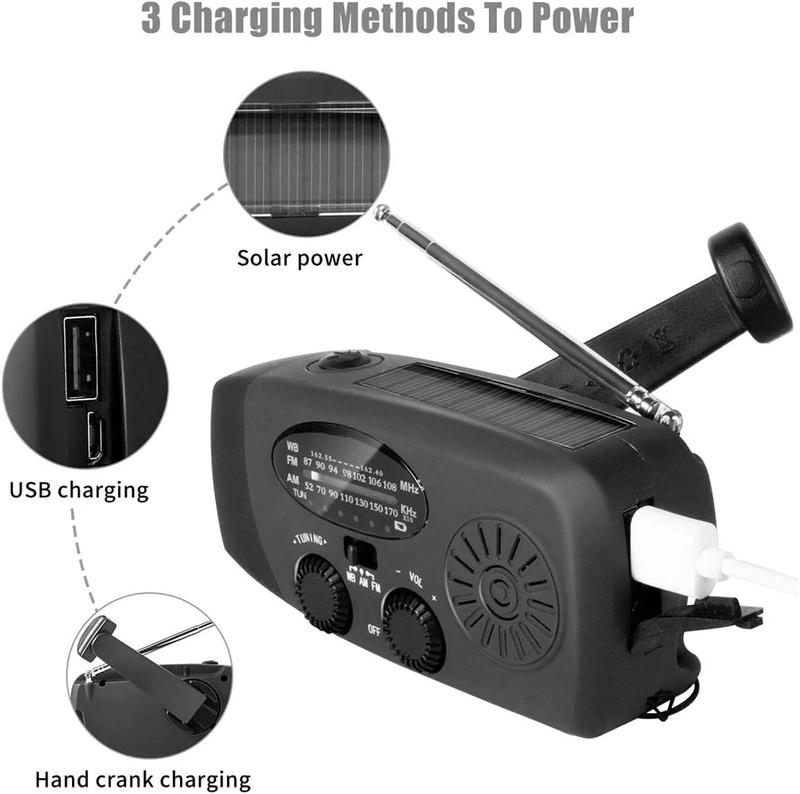 Portable NOAA Weather Radio: FM AM with Hand Crank & Solar Power – Mini Emergency Radio with 3 LED Flashlights, 2000mAh Battery Bank, SOS Alert, and USB Charger