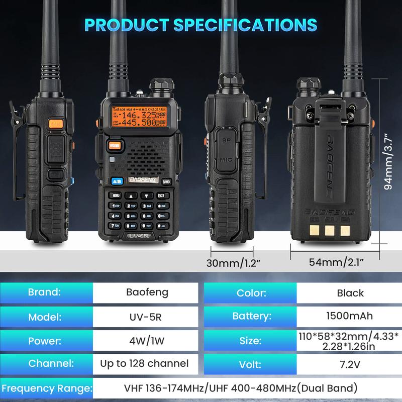 BAOFENG UV-5R Ham Radio Long Range UV5R Two Way Radio Dual Band 144-148 420-450Mhz Walkie Talkie Handheld Rechargeable High Power 1800mAh Li-ion Battery and Earpiece for Hunting Survival Gear, Audio & Video Product(Black, Full Kits)