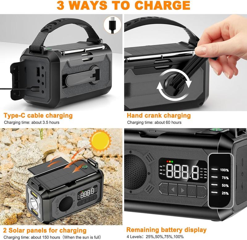 12000 MAh Multifunctional Radio, Manual Crank Emergency Radio,Portable Solar Radio AM FM NOAA Weather Radio,With 2 Solar Panels,3 Charging Methods, SOS Alarm, Flashlight, Mobile Phone Charger, Compass,Reading Light Audio Christmas Gifts tent light