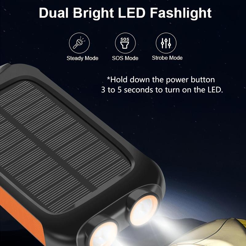 10000mAh Portable Solar Power Bank, Solar Powered Charger with Dual LED Flashlights, Power Bank for Travel, Camping