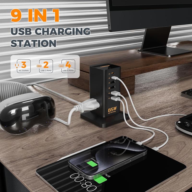 Tessan Desk Charging Station for Multiple Devices, 65W Ex-Fast Charging, 6 Port GaN USB Fast Charger Tower, Type C Desktop Charger Hub