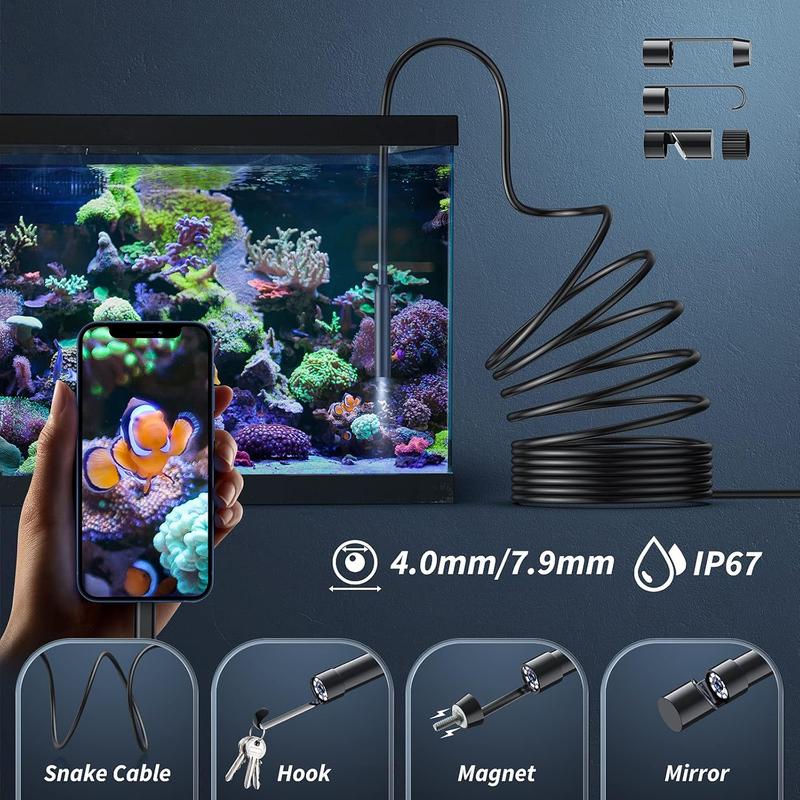 KAIWEETS Endoscope Borescope Camera with 8 Adjustable LED Lights, Car Inspection Camera, Multifunctional Inspection Tool for Car Repair, Home Appliance Inspection, Pipeline Maintenance for Android IOS Type-C, IP67 waterproof for for iPhone, iPad