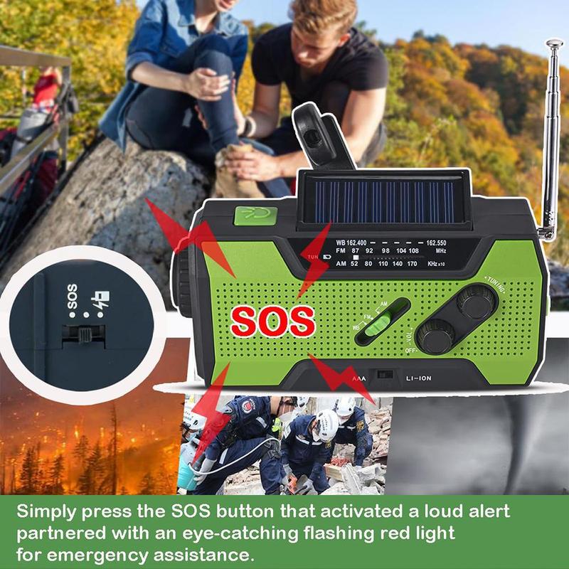 Solar Powered Radio, Multifunctional Emergency Weather Radio with Power Bank Function, AM FM NOAA Radio with LED Flashlights & Reading Lamp & SOS Alarm