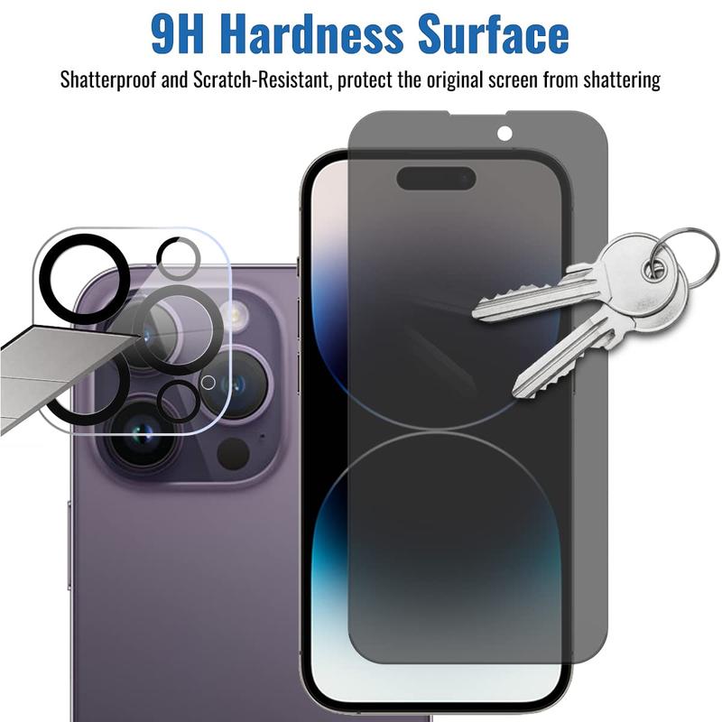 [4+4 Pack] Screen protector for iPhone 15 14 13 12 11 Pro Max, 4-piece set of privacy screen protector and 4-piece set of camera lens protector; Sensor protection, compatible with Lingdong Island, 9H anti spy private tempered glass film, scratch resistant