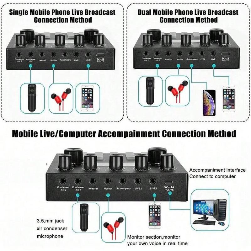 V8S Audio Mixer with Voice Changer (1 Set), Podcast Mixer, Sound Card for Phone Gaming Karaoke Studio Streaming Recording Live Streaming Podcast