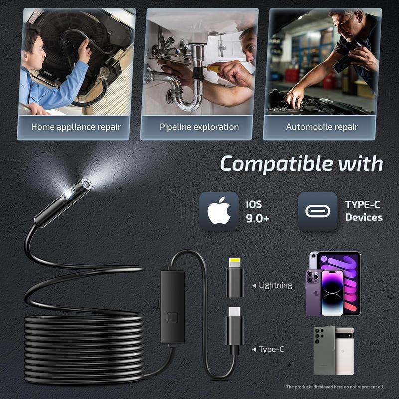 KAIWEETS Endoscope Borescope Camera with 8 Adjustable LED Lights, Car Inspection Camera, Multifunctional Inspection Tool for Car Repair, Home Appliance Inspection, Pipeline Maintenance for Android IOS Type-C, IP67 waterproof for for iPhone, iPad