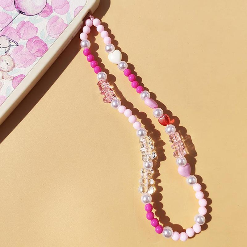 Fashion Cute Peach Heart & Bear Shape Mobile Phone Strap, Resin Beaded Cell Phone Chain For Women & Girls