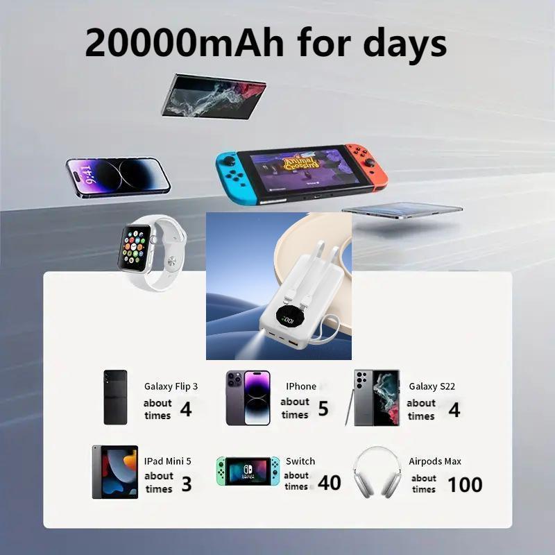 20000mAh Power Bank, 1 Count Portable USB Charger with Built-in Cable, Mobile Power Bank with LED Light for Outdoor