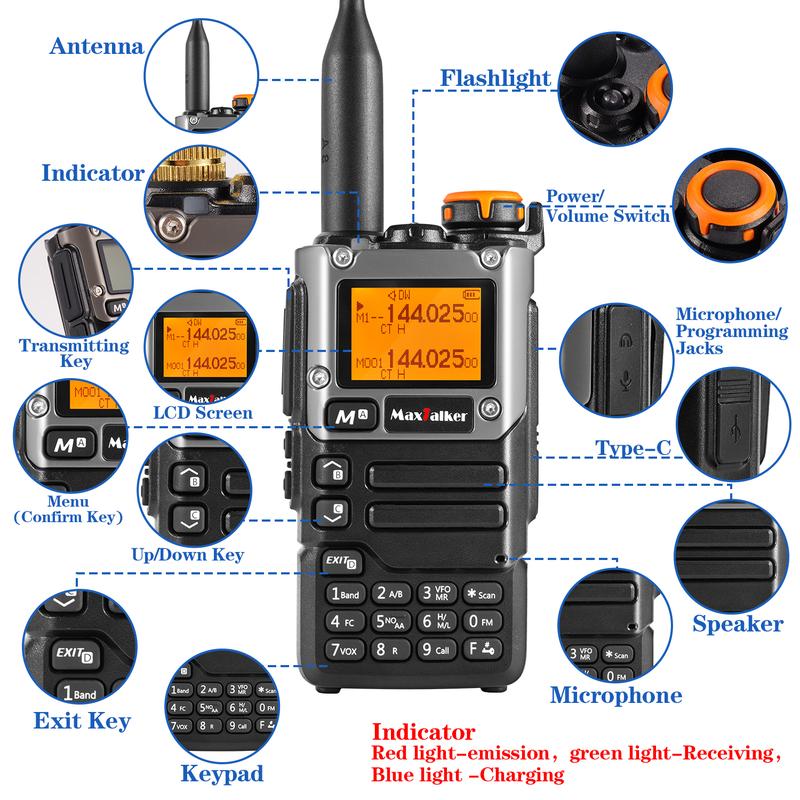 MaxTalker TK-6 Ham Radio Handheld Long Range with 1600mAh Type-C Charging Battery, UHF VHF FM AM Multi-Band Two Way Radio NOAA Portable Walkie Talkies