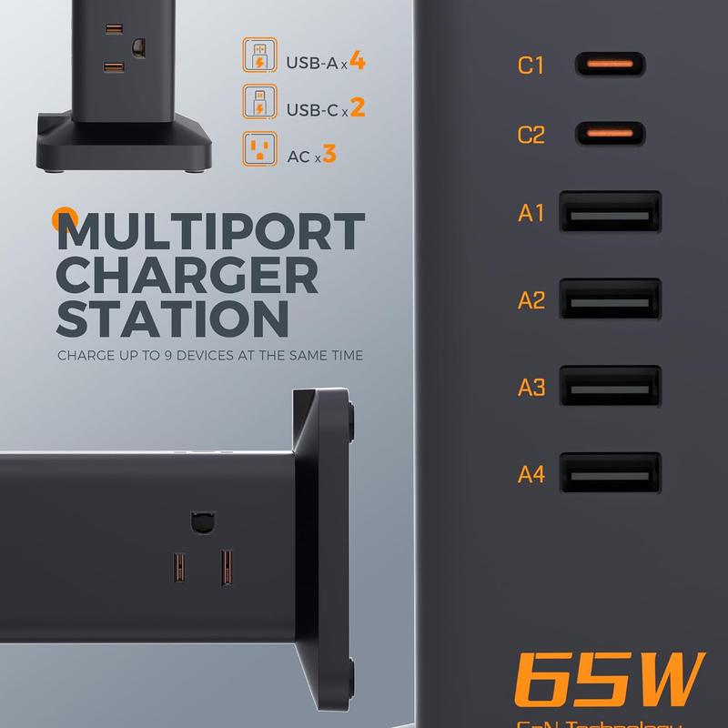 Tessan Desk Charging Station for Multiple Devices, 65W Ex-Fast Charging, 6 Port GaN USB Fast Charger Tower, Type C Desktop Charger Hub