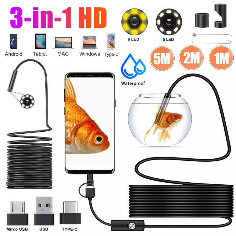 6 8LED HD Snake Endoscope Borescope Inspection Camera for USB Type C Android PC