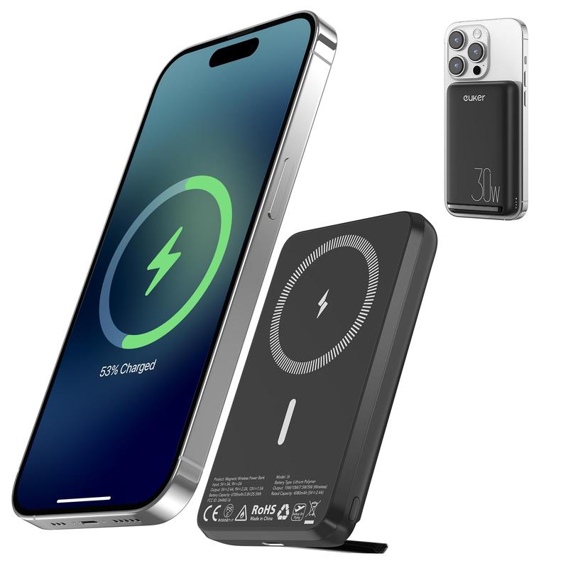 GARVEE Wireless Portable Charger PD 30W 10000mAh Magnetic Power Bank, Mag-Safe Battery Pack with Foldable Stand and 12N Stronger Magnet for iPhone 14 13 12 Series