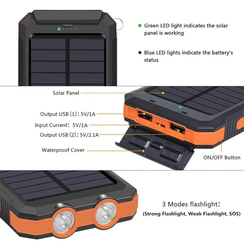 10000mAh Portable Solar Power Bank, Solar Powered Charger with Dual LED Flashlights, Power Bank for Travel, Camping