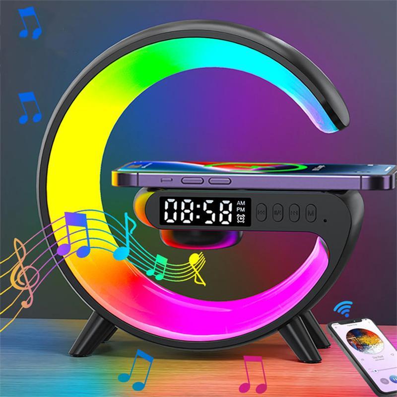 RGB Night Light Lamp Multifunctional Wireless Audio Speaker, Multifunctional Wireless Speaker with Alarm Clock, Rechargeable Speaker, Wireless Charger Station for Smartphone