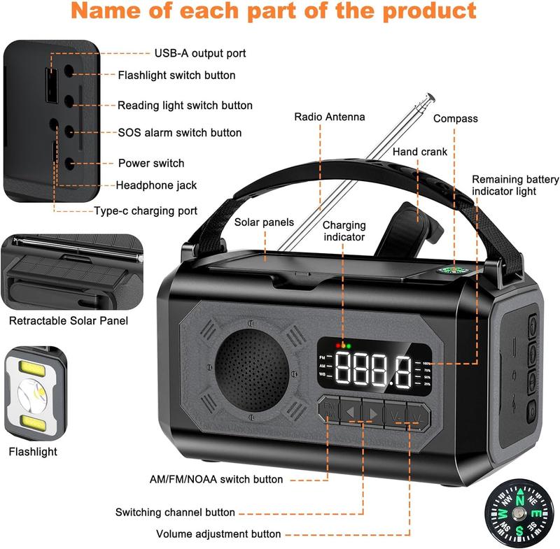 12000 MAh Multifunctional Radio, Manual Crank Emergency Radio,Portable Solar Radio AM FM NOAA Weather Radio,With 2 Solar Panels,3 Charging Methods, SOS Alarm, Flashlight, Mobile Phone Charger, Compass,Reading Light Audio Christmas Gifts tent light