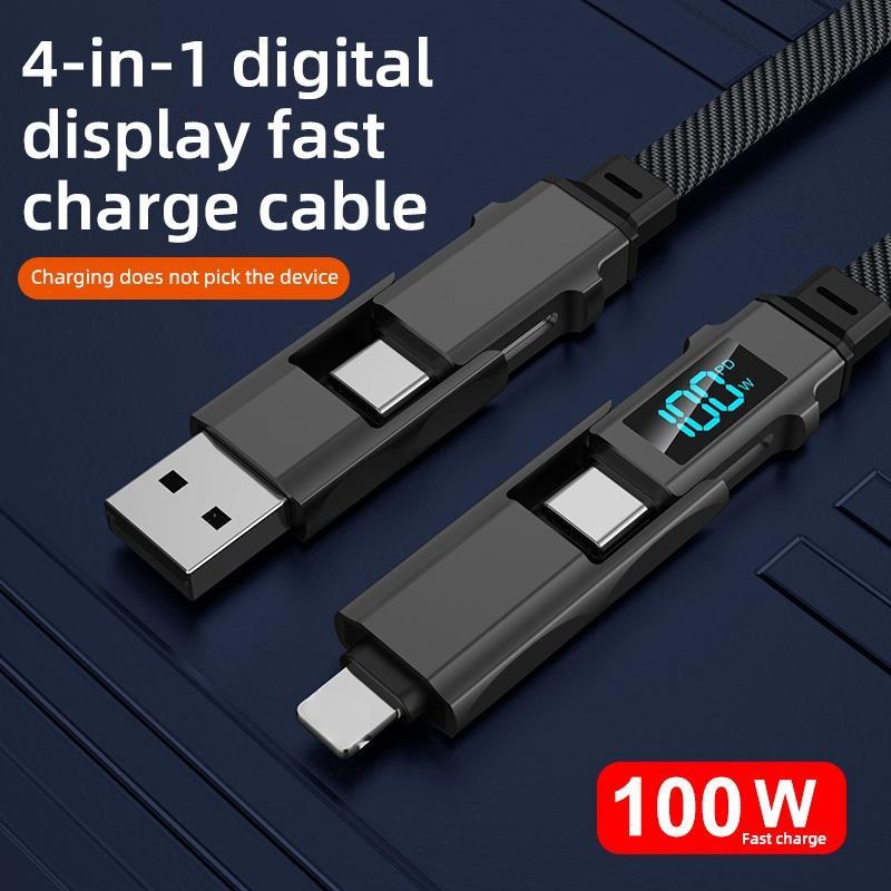 4 in 1 USB-C Cable, 100W Fast Charging Sync Data Cable, Digital Display Function Compatible with Most Electronic Devices