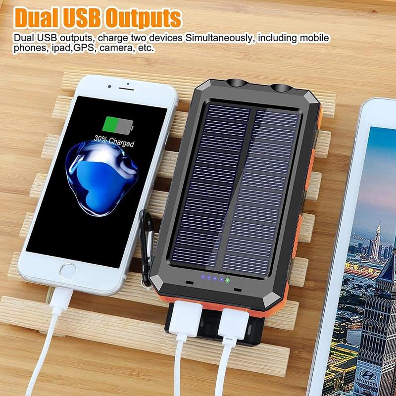 10000mAh Portable Solar Power Bank, Solar Powered Charger with Dual LED Flashlights, Power Bank for Travel, Camping