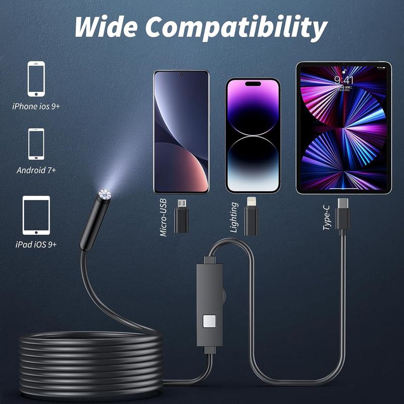 KAIWEETS Endoscope Borescope Camera with 8 Adjustable LED Lights, Car Inspection Camera, Multifunctional Inspection Tool for Car Repair, Home Appliance Inspection, Pipeline Maintenance for Android IOS Type-C, IP67 waterproof for for iPhone, iPad