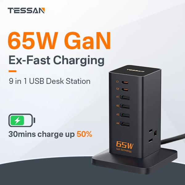 Tessan Desk Charging Station for Multiple Devices, 65W Ex-Fast Charging, 6 Port GaN USB Fast Charger Tower, Type C Desktop Charger Hub