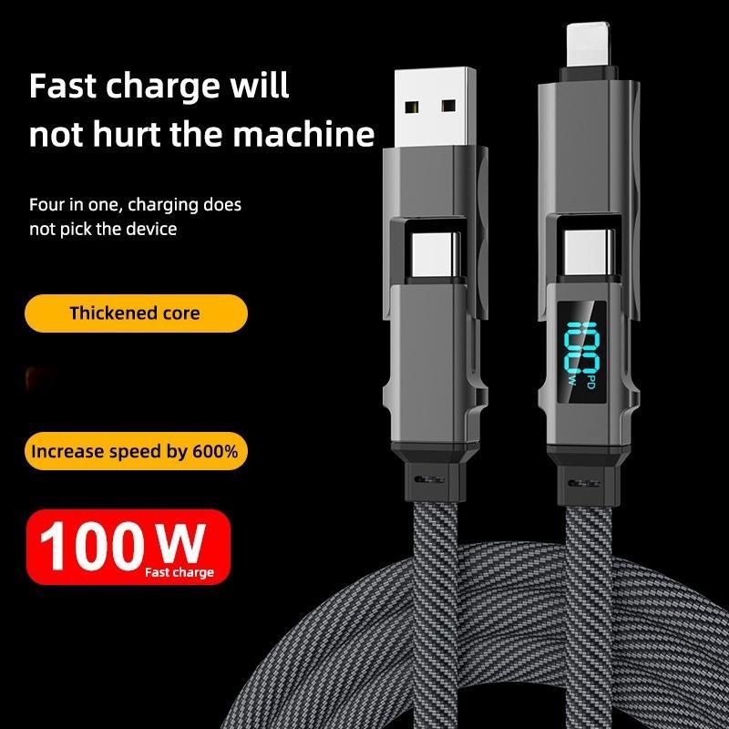 4 in 1 USB-C Cable, 100W Fast Charging Sync Data Cable, Digital Display Function Compatible with Most Electronic Devices