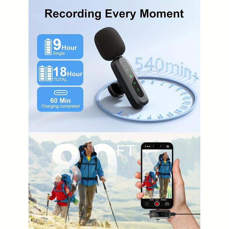 3-in-1 Wireless Lavalier microphone, iPhone, iPad, Android, cordless 8-hour lightweight noise cancelling crystal clear sound recording, live streaming, interviews, Vlog