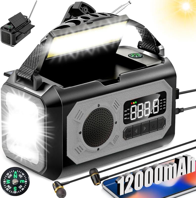 12000 MAh Multifunctional Radio, Manual Crank Emergency Radio,Portable Solar Radio AM FM NOAA Weather Radio,With 2 Solar Panels,3 Charging Methods, SOS Alarm, Flashlight, Mobile Phone Charger, Compass,Reading Light Audio Christmas Gifts tent light