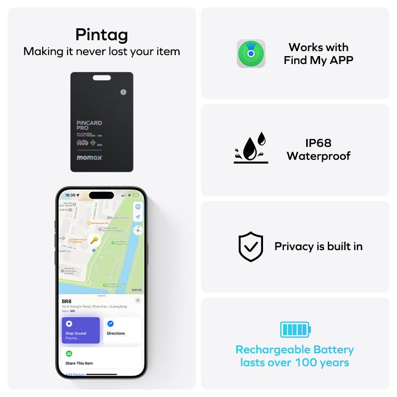 MOMAX Rechargeable Bluetooth Tracker, Apple Find My, Key Finder IP68 Waterproof, Smart Tracking Tag for Keys, Bags, Luggage, Wallet and More