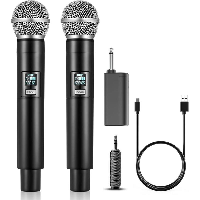 Wireless Microphone, UHF Dual Handheld Cordless Microphone with Rechargeable Receiver, 40H Duration, 200ft Range, Microphone for Singing, Karaoke, Church, Speech, Wedding, Party Singing Audio Smartphone