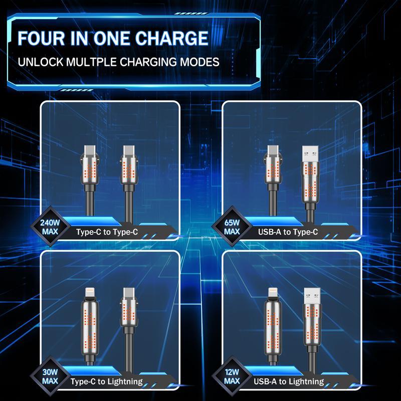 4-in-1 USB Charging Cable, Car charger,fastcharging cable MAX 240W USB A+ TYPE C + Lightning Multi national aluminum alloy cable management 240W suitable for iPhone 15 14 Samsung Galaxy, Android Phones & Tablets iPad Pro Smartphone Cellphone Mobile