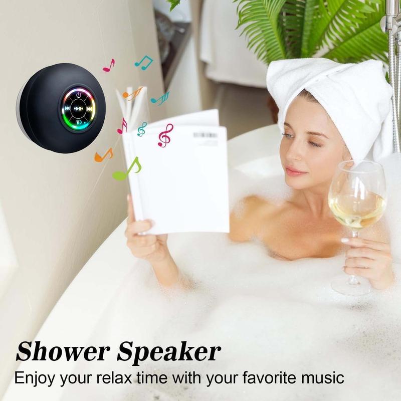 Bluetooth Shower Speakers, Mini Portable Wireless Speaker with Suction Cup, Waterproof Speaker with LED Light for Beach,Christmas ,Shower & Home