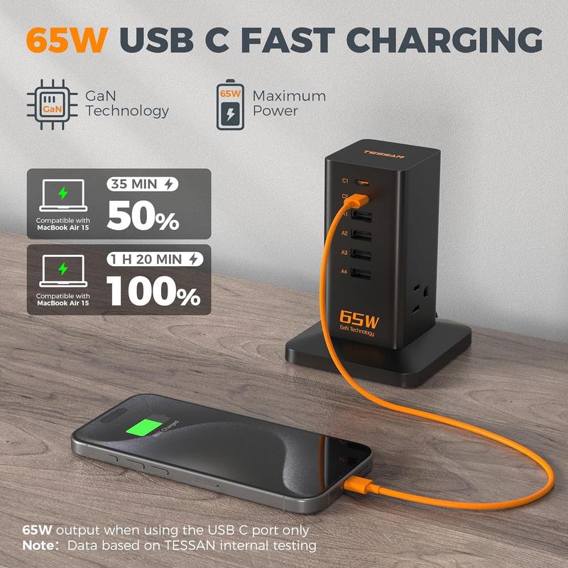 Tessan Desk Charging Station for Multiple Devices, 65W Ex-Fast Charging, 6 Port GaN USB Fast Charger Tower, Type C Desktop Charger Hub