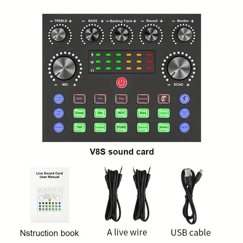 V8S Audio Mixer with Voice Changer (1 Set), Podcast Mixer, Sound Card for Phone Gaming Karaoke Studio Streaming Recording Live Streaming Podcast