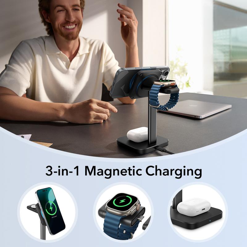 [BlackFriday & Cyber Monday] ESR Qi2 3 in 1 Wireless Charging Station with CryoBoost, Apple Watch Charger & 15W Qi2 MagSafe Charger Stand for iPhone, Wireless Charger for Multiple Devices iPhone 15 14 13&Watch&AirPods，Black