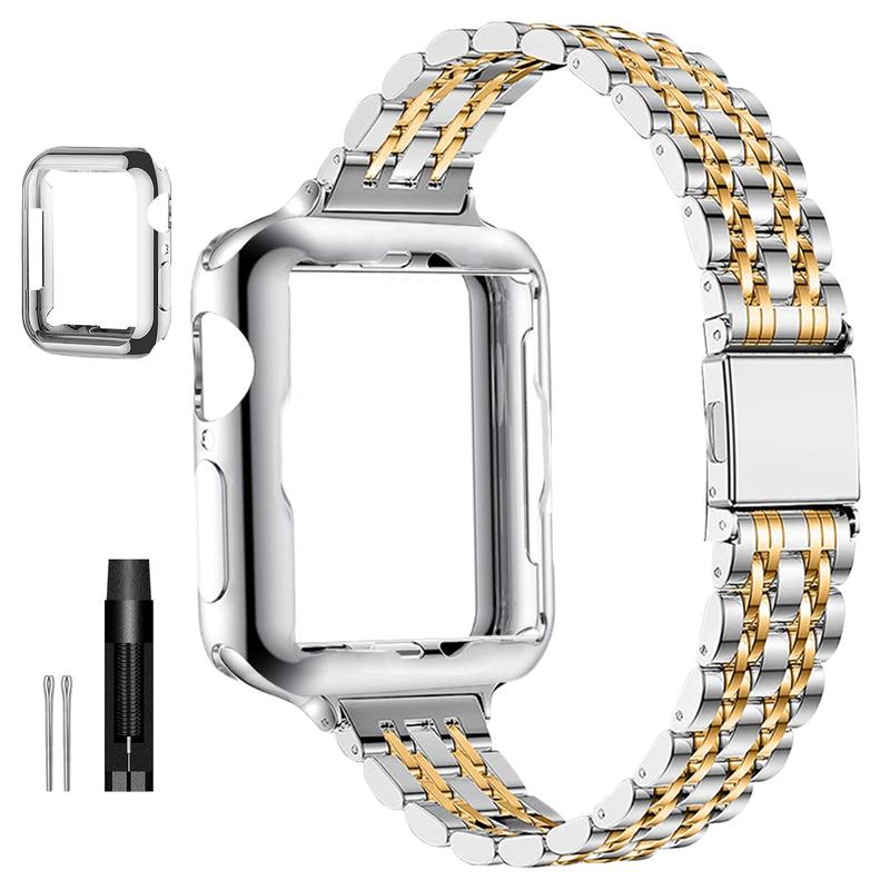 Women's Watch Band & Soft Protective Case & Tools (1 Set), Stainless Steel Smart Watch Bands, Compatible with Apple Watch 9 8 7 6 5 4 3 2 1 SE SE2 Series