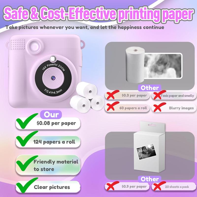 Instant Print Camera for , Christmas Birthday Gifts for Girls Boys, HD Digital Video Cameras for , Portable  for 4 5 6 7 8 9 10 Year Old Girl with 32GB SD Card-Purple