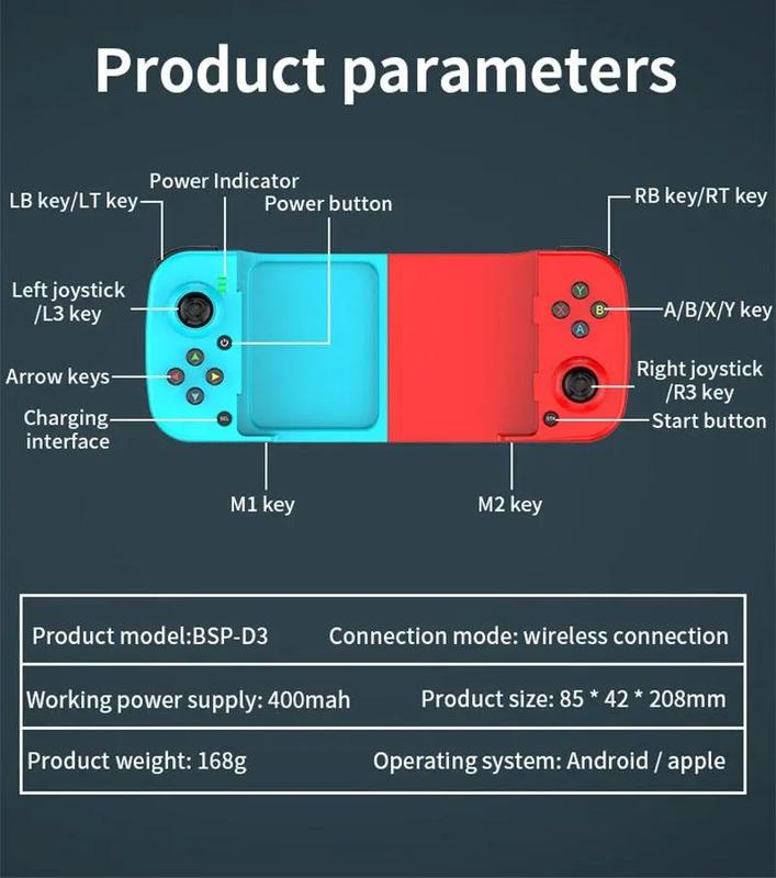 Wireless Game Controller for iOS, Android, PC, Bluetooth Gamepad,1 Piece Gamepad Stretch Handle,Wireless Telescopic Gamepad, Blue&Red