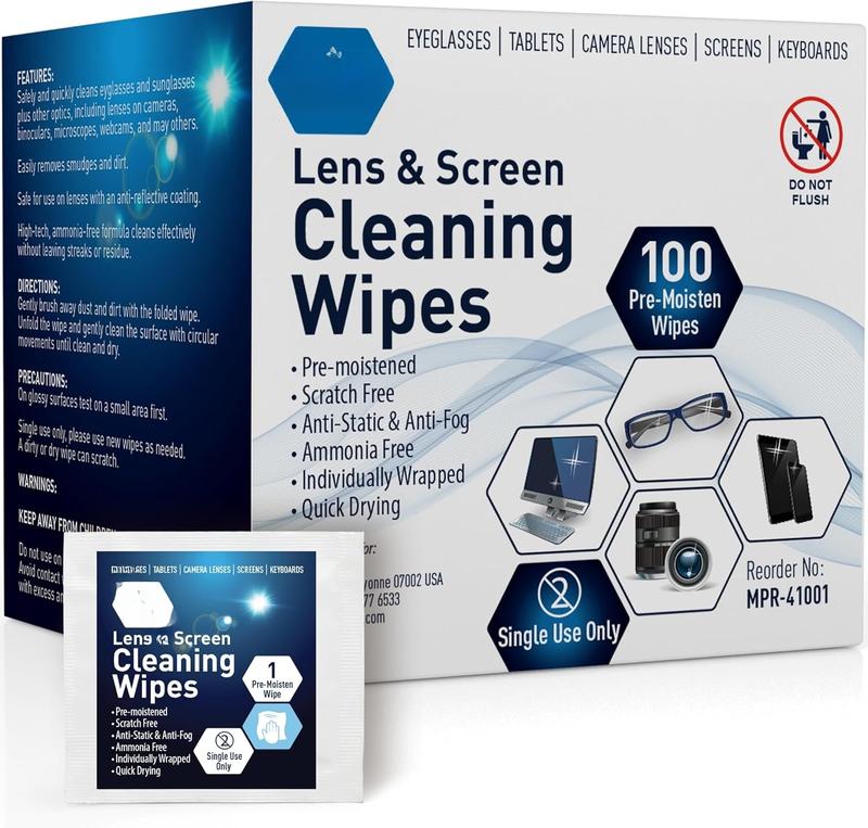 Premoistened Lens Wipes | Anti-Static, Anti-Fog, Quick-Dry & Scratch-Free| 100 Cleaning Cloths for LED Touch Screen, iPhones, iPads, Computer Monitors, Eyeglasses, Camera Lenses, Laptop