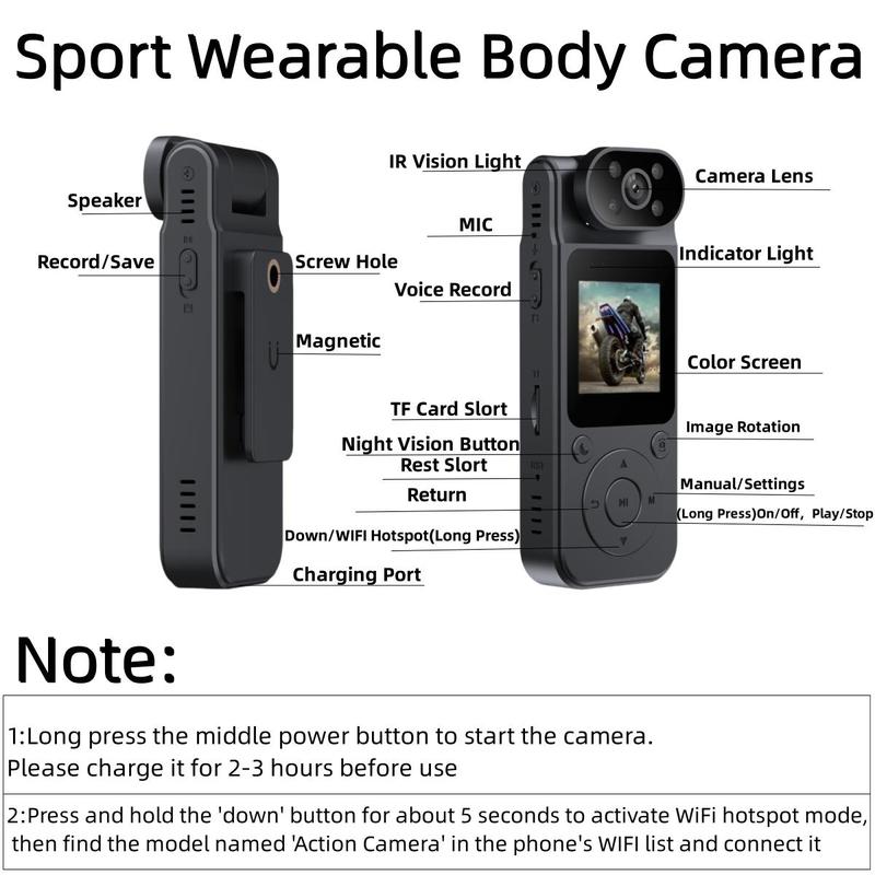 4K Wearable Sports Camera, USB Rechargeable Body Camera with 180° Rotatable Lens & 1.45 inch LCD Screen, Portable Action Camera for Sports, Outdoor