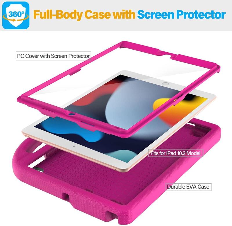 Kids Case for iPad 9th 8th 7th Generation - iPad 10.2 inch 2021 2020 2019 Case with Built-in Screen Protector, Durable Shockproof Handle Stand Kids Case for Apple iPad 7 8 9 Gen, Pink Computer Cover Tablet Foldable Protection Protective